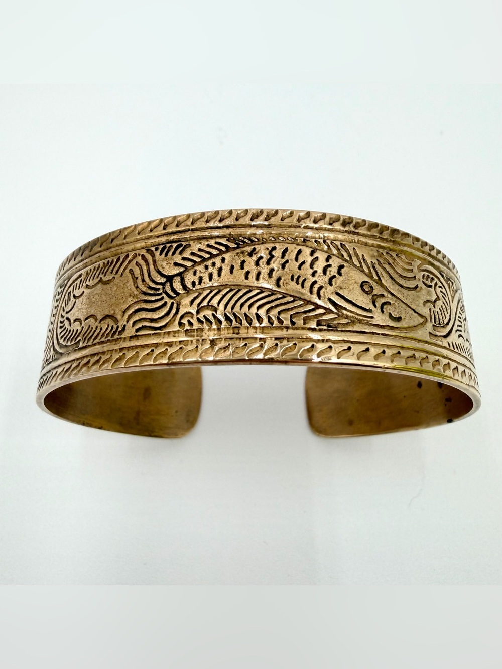Brass Carved Fish Floral Bangle Boho Bracelet